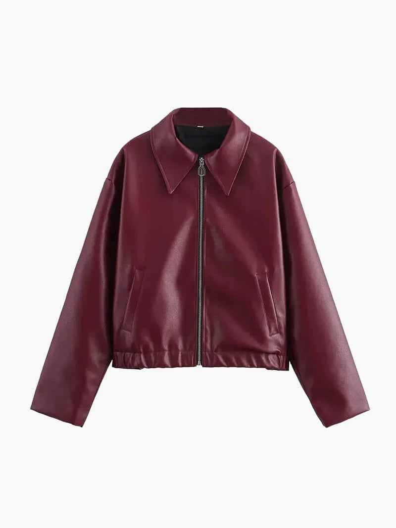 Women's Burgundy Leather Look Jacket – Zip-Up Biker Jacket