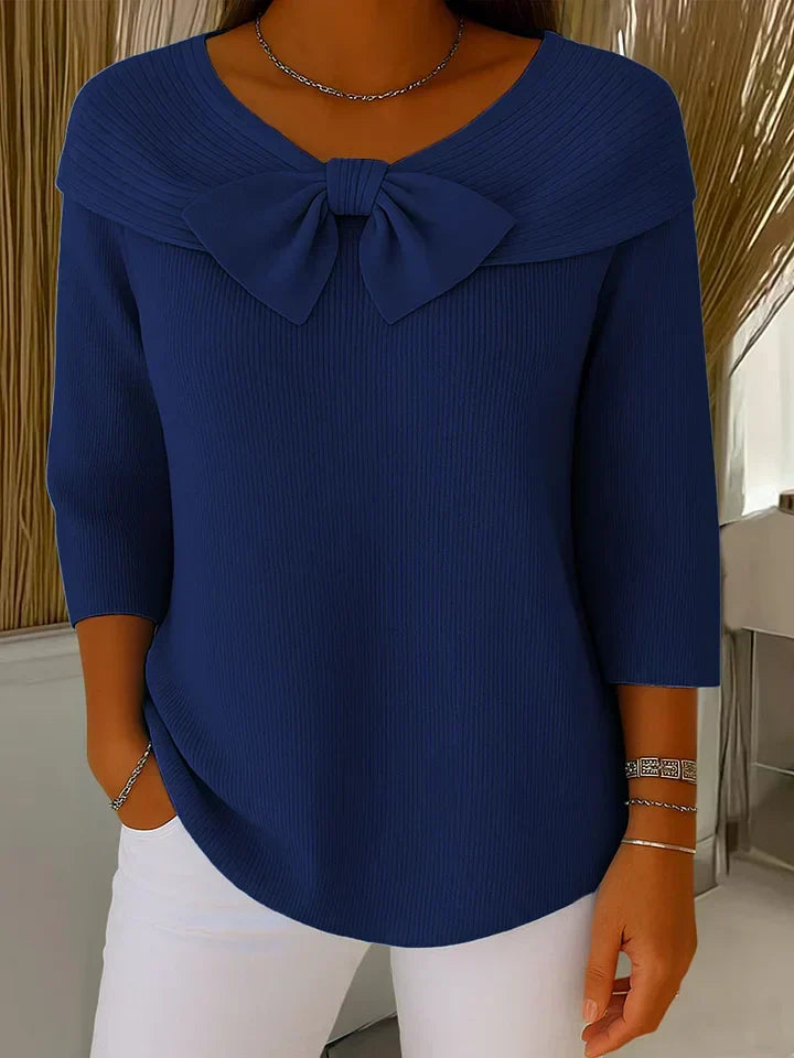 Women's Bow Detail Knit Top – Fitted Long Sleeve Dressy Top