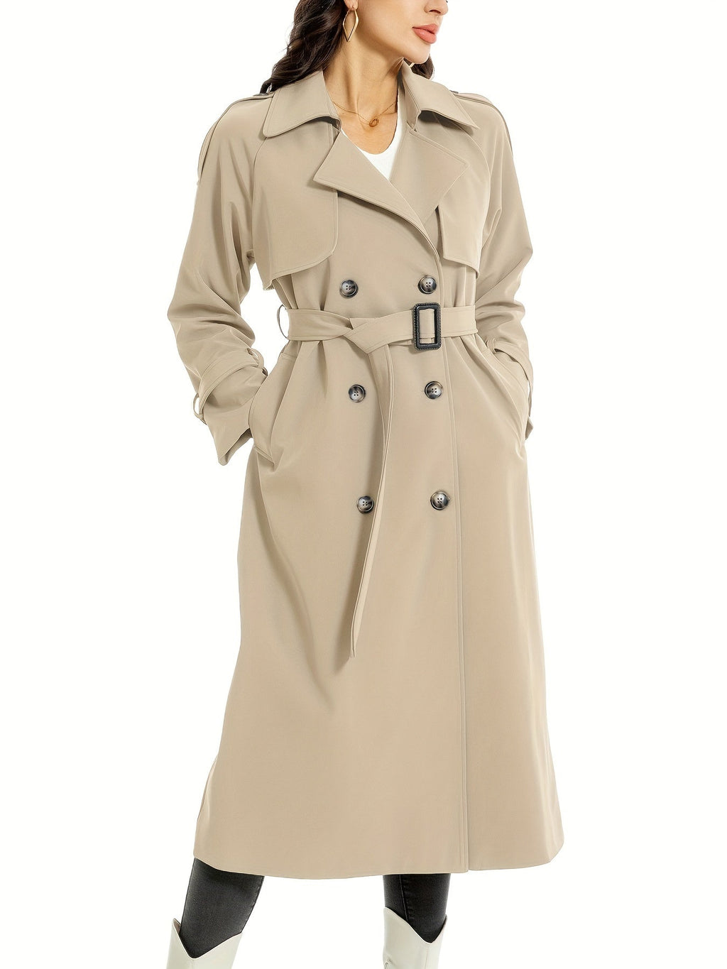 Women's Belted Long Trench Coat – Wide Lapel Classic Overcoat