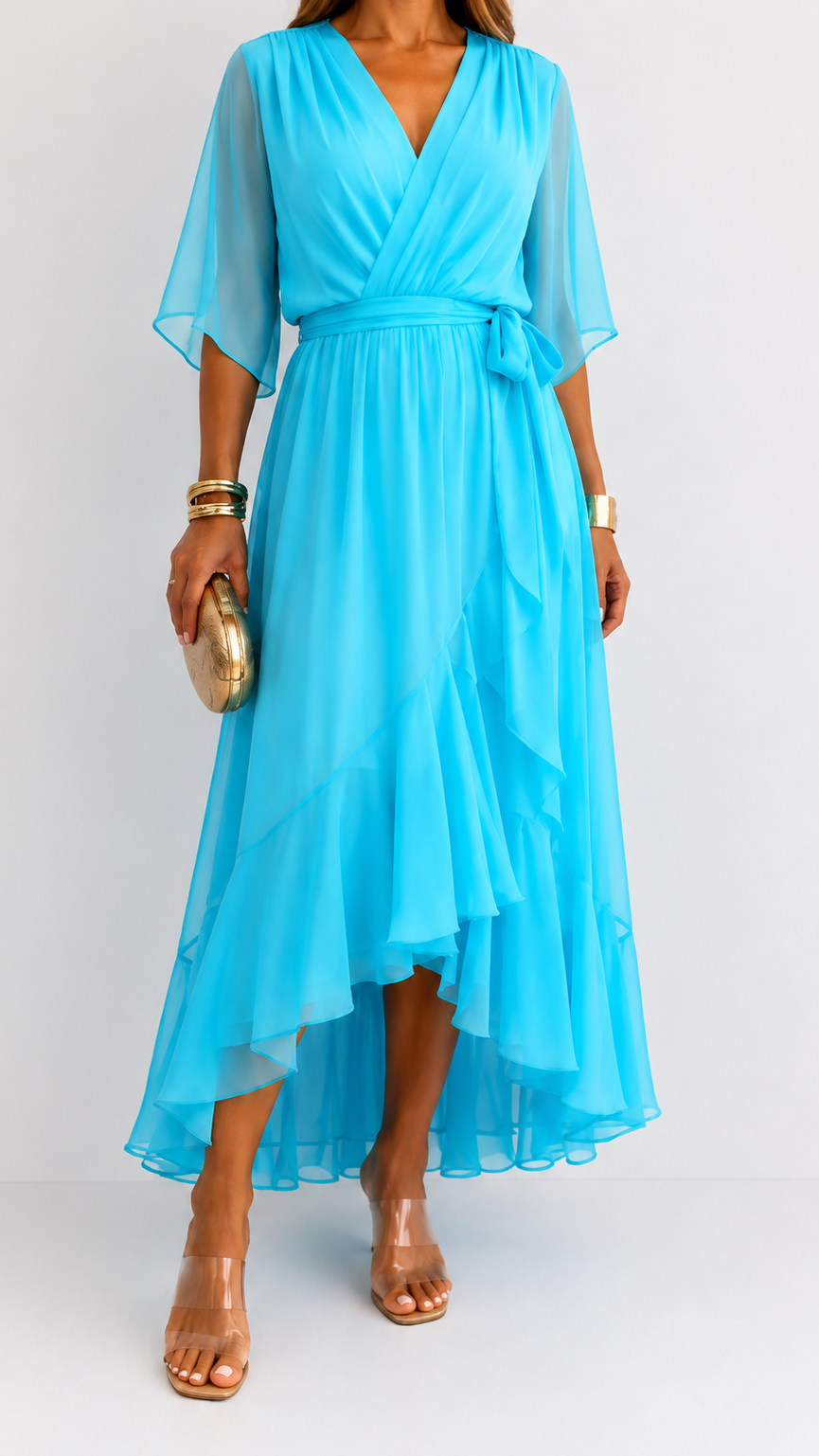 Women's Chiffon Wrap Dress – V-Neck Tie Waist Flowy Occasion Dress