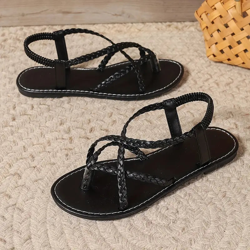 Women's Flat Sandals with Cutout Design and Buckle Closure