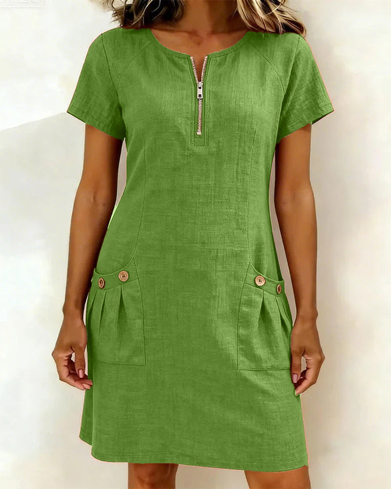 Women's A-Line Midi Dress – Short Sleeve Pocket Day Dress