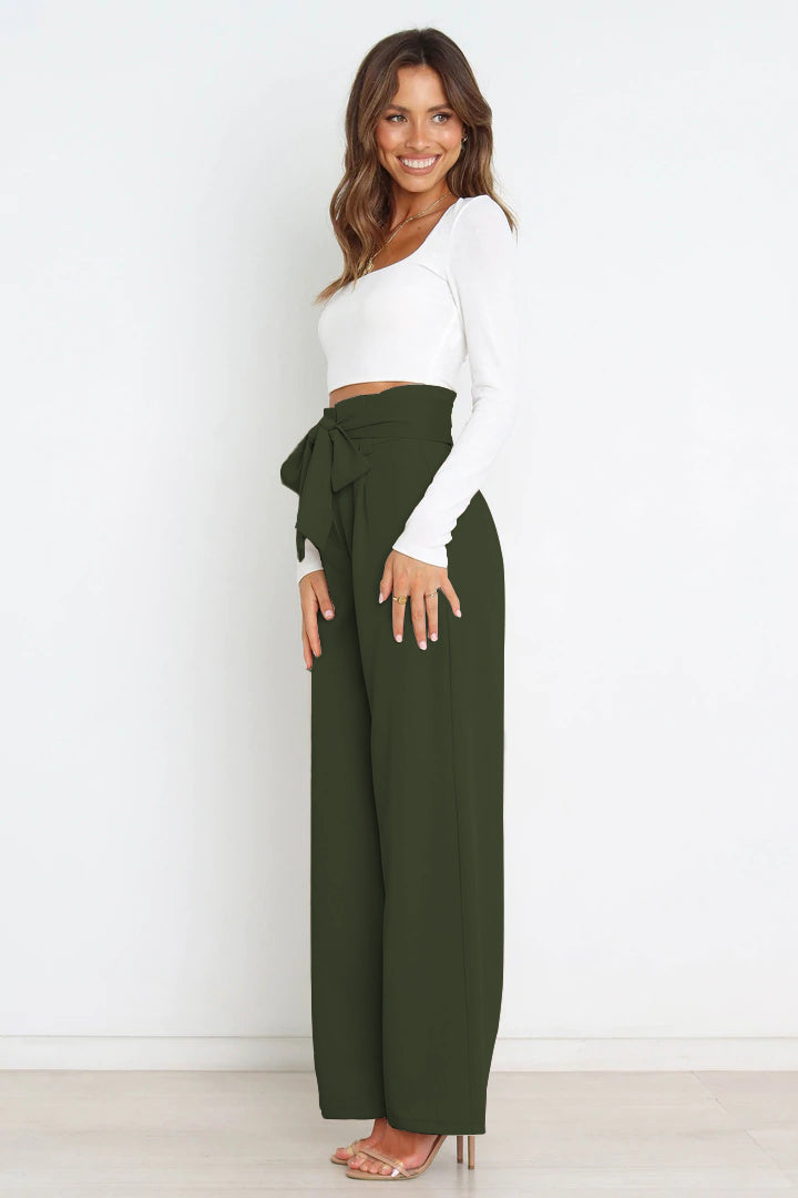 Women's Paperbag Waist Trousers – High Waist Bow Detail Wide Leg Pants