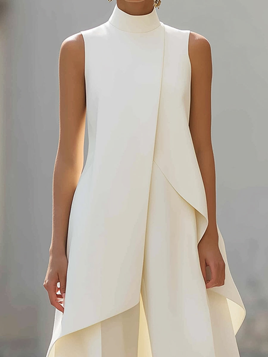 Women's Sleeveless Layered Jumpsuit – High Neck Asymmetrical Flowy Jumpsuit