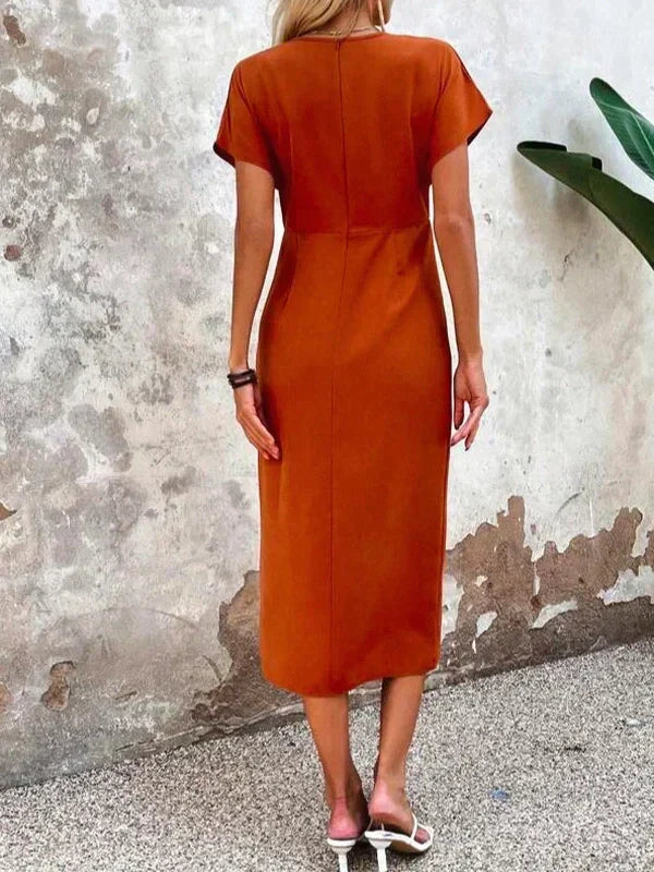 Women's V-Neck Wrap Midi Dress – Side Cutout Cocktail Occasion Dress