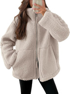 Women's Oversized Fleece Jacket – Zip-Up Long Sleeve Winter Jacket