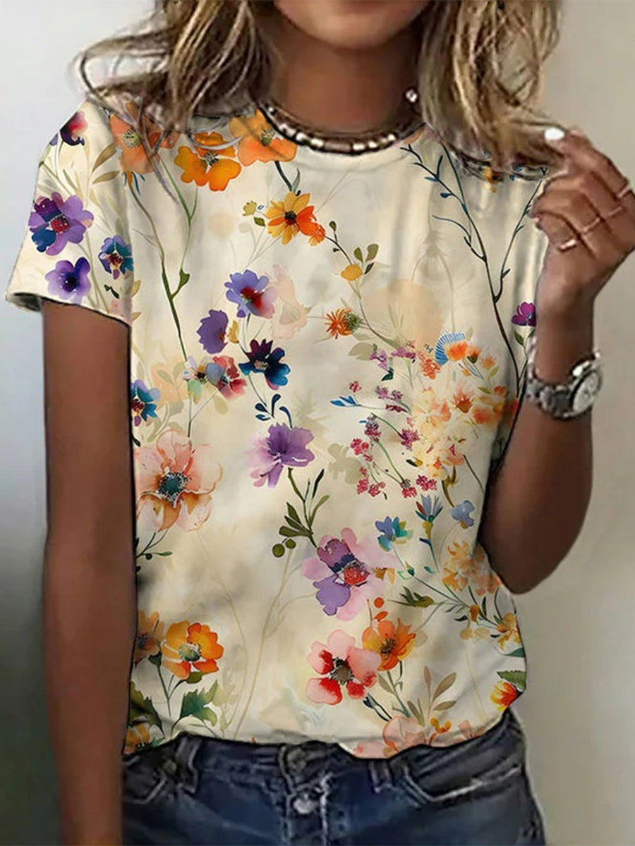 Women's Vintage Floral Top – Crew Neck Short Sleeve Floral Top