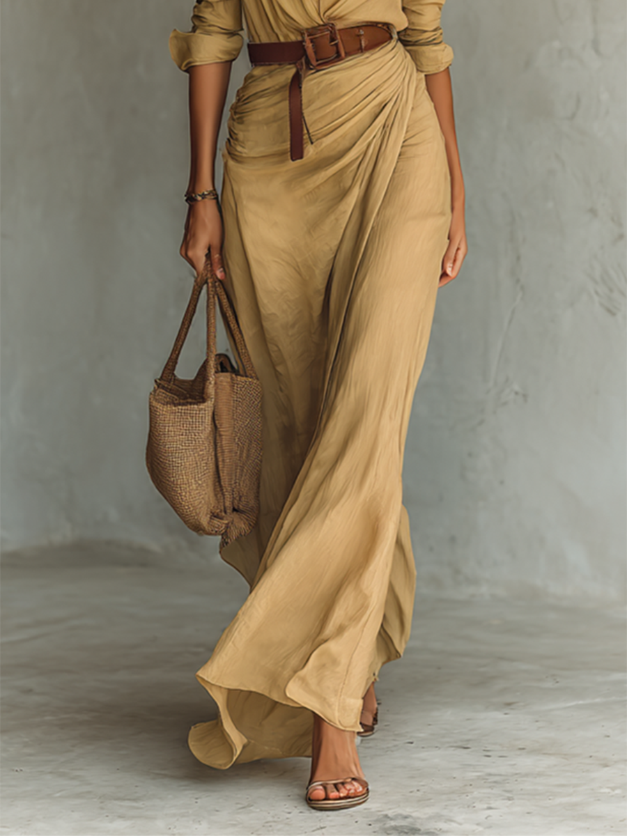 Women's Belted Maxi Shirt Dress – Lapel Collar Long Sleeve Dress
