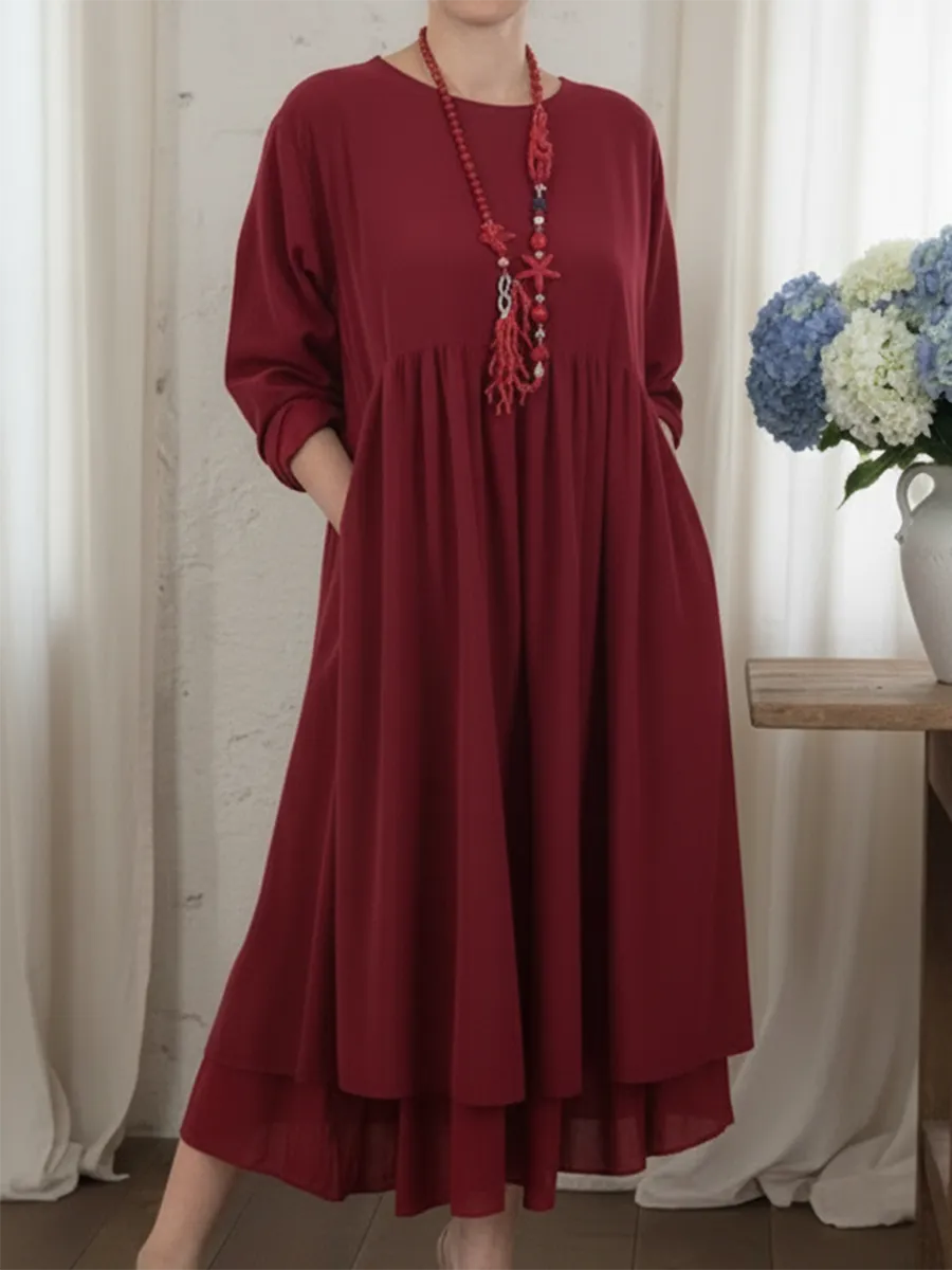 Women's Relaxed Long Sleeve Midi Dress – Casual Everyday Dress