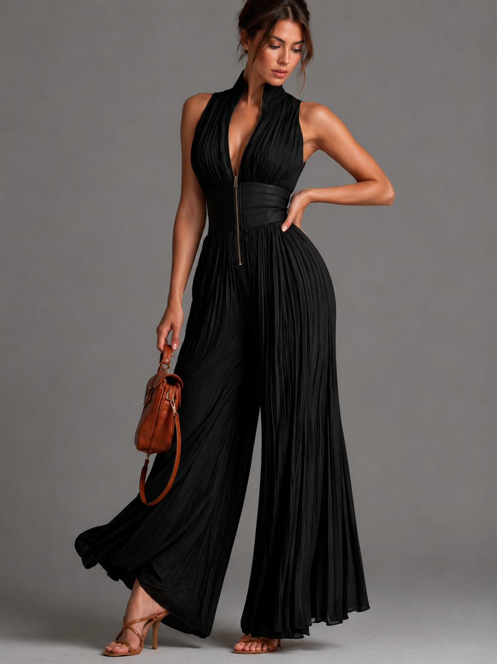 Women's Halter Wide Leg Jumpsuit – Defined Waist Formal Occasion Jumpsuit