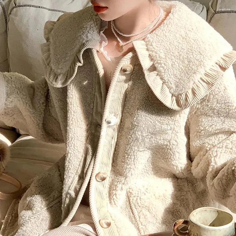 Women's Ruffle Collar Coat – Plush Relaxed Winter Jacket