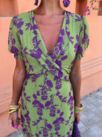 Women's V-Neck Summer Dress – Flowy Short Sleeve Ruffle Dress