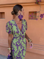 Women's V-Neck Summer Dress – Flowy Short Sleeve Ruffle Dress