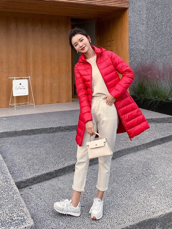 Women's Lightweight Puffer Coat – Removable Hood Longline Jacket