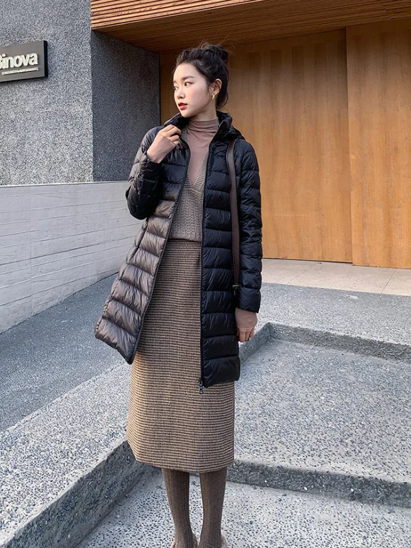 Women's Lightweight Puffer Coat – Removable Hood Longline Jacket