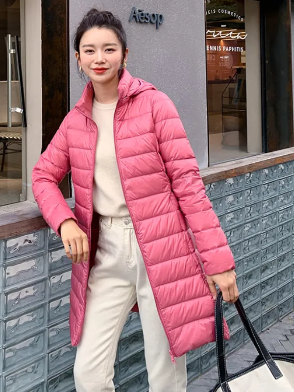Women's Lightweight Puffer Coat – Removable Hood Longline Jacket