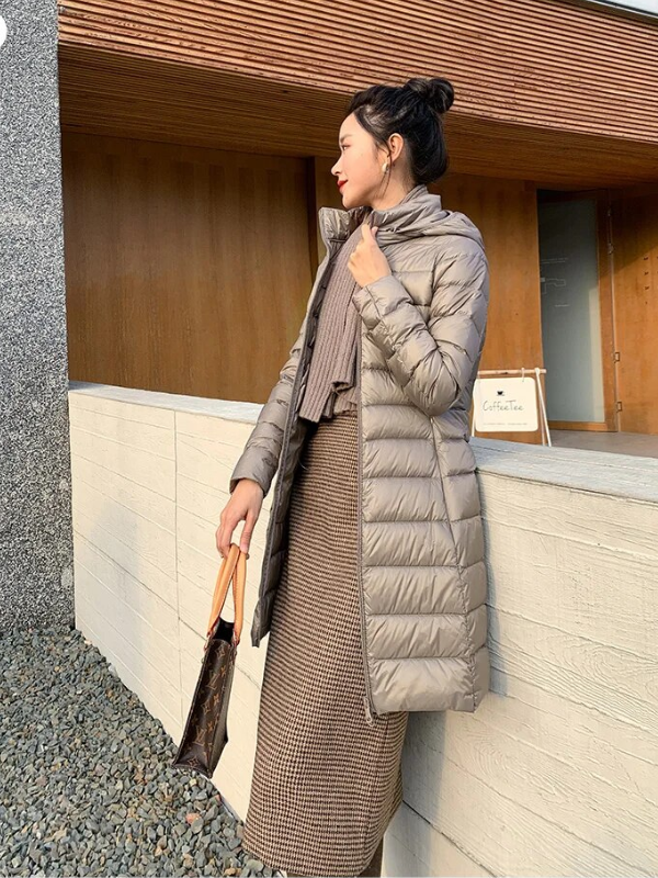 Women's Lightweight Puffer Coat – Removable Hood Longline Jacket