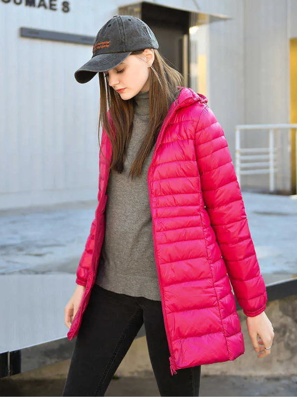Women's Lightweight Puffer Coat – Removable Hood Longline Jacket