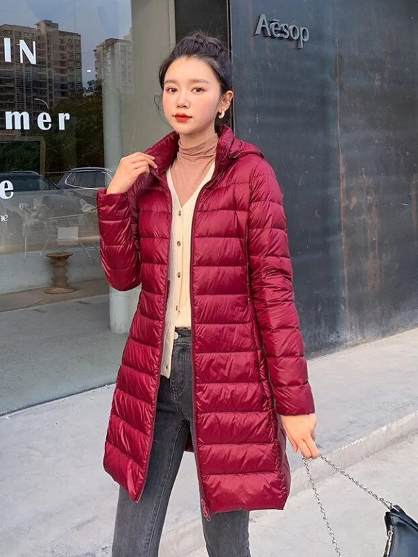 Women's Lightweight Puffer Coat – Removable Hood Longline Jacket