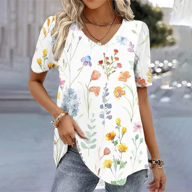 Women's Short Sleeve Floral Blouse – V-Neck Printed Summer Blouse