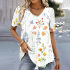 Women's Short Sleeve Floral Blouse – V-Neck Printed Summer Blouse