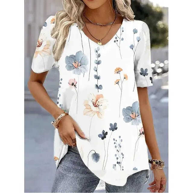 Women's Short Sleeve Floral Blouse – V-Neck Printed Summer Blouse