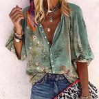 Women's V-Neck Button Front Blouse – Boho Long Sleeve Blouse