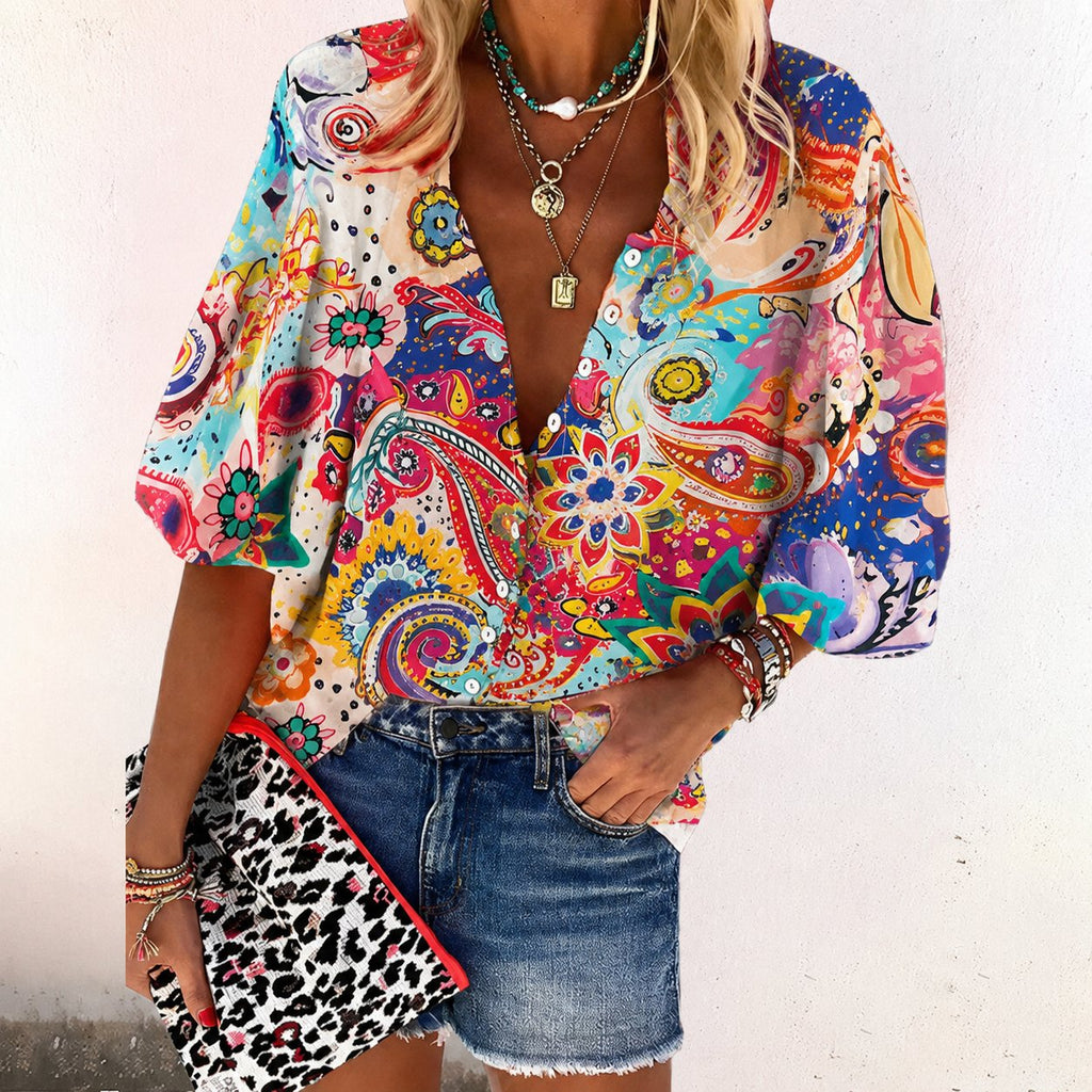 Women's V-Neck Button Front Blouse – Boho Long Sleeve Blouse