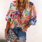 Women's V-Neck Button Front Blouse – Boho Long Sleeve Blouse