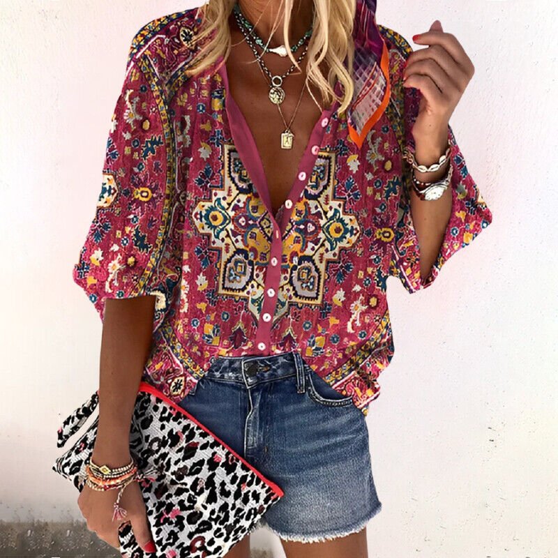 Women's V-Neck Button Front Blouse – Boho Long Sleeve Blouse