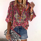 Women's V-Neck Button Front Blouse – Boho Long Sleeve Blouse