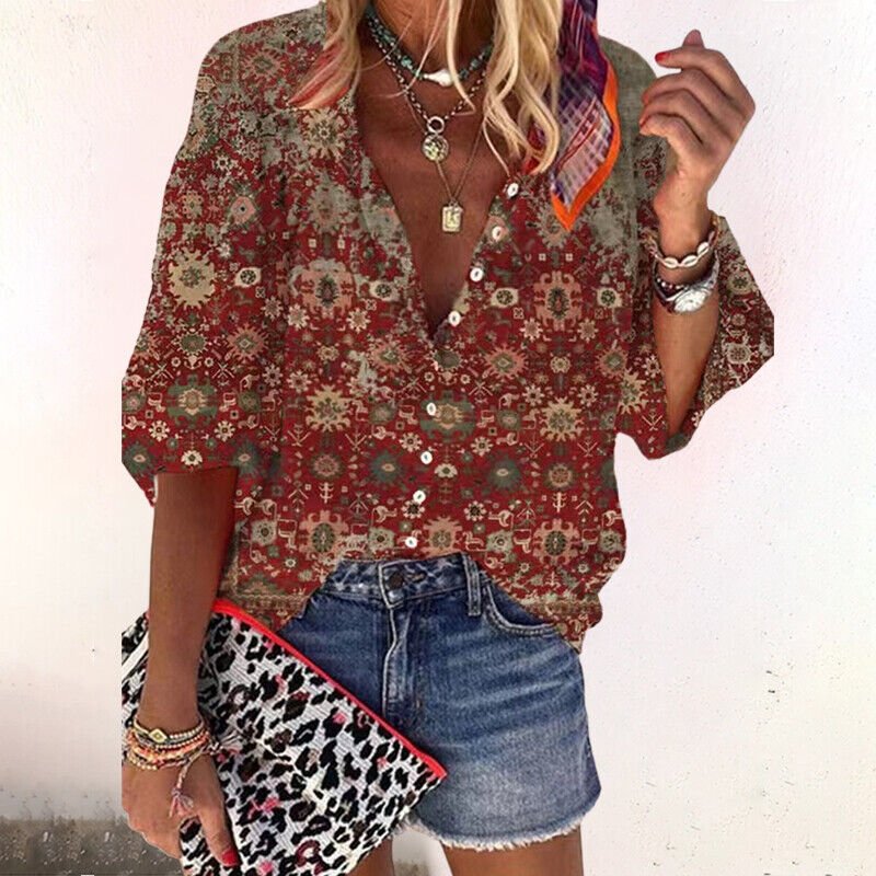 Women's V-Neck Button Front Blouse – Boho Long Sleeve Blouse