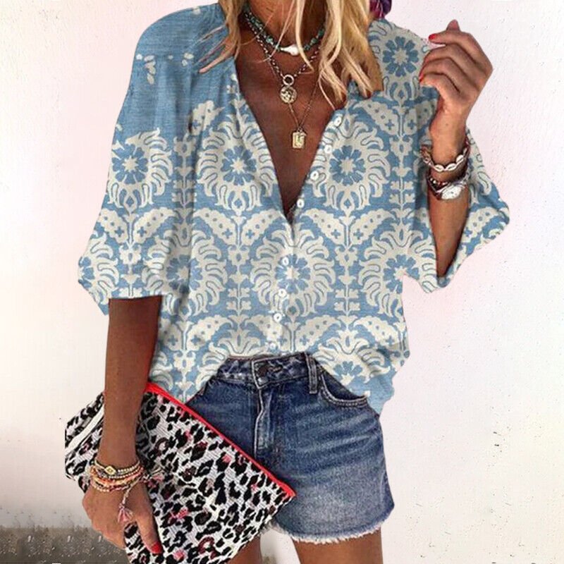 Women's V-Neck Button Front Blouse – Boho Long Sleeve Blouse