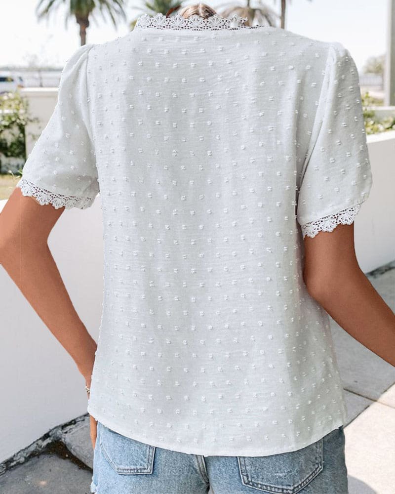 Women's Polka Dot Lace Blouse – V-Neck Boho Patterned Blouse