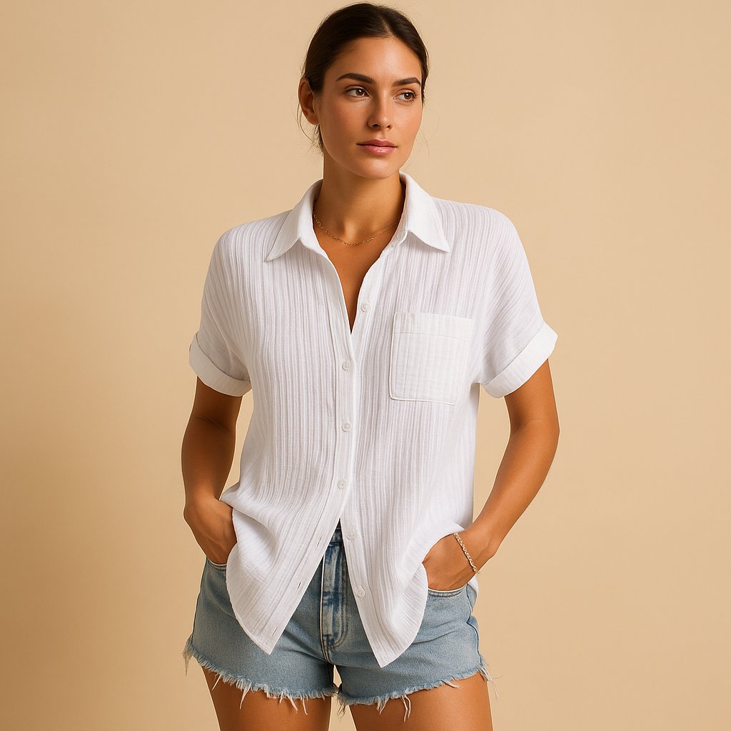 Women's Relaxed Short Sleeve Blouse – Button Front Shirt Blouse