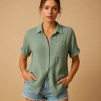 Women's Relaxed Short Sleeve Blouse – Button Front Shirt Blouse