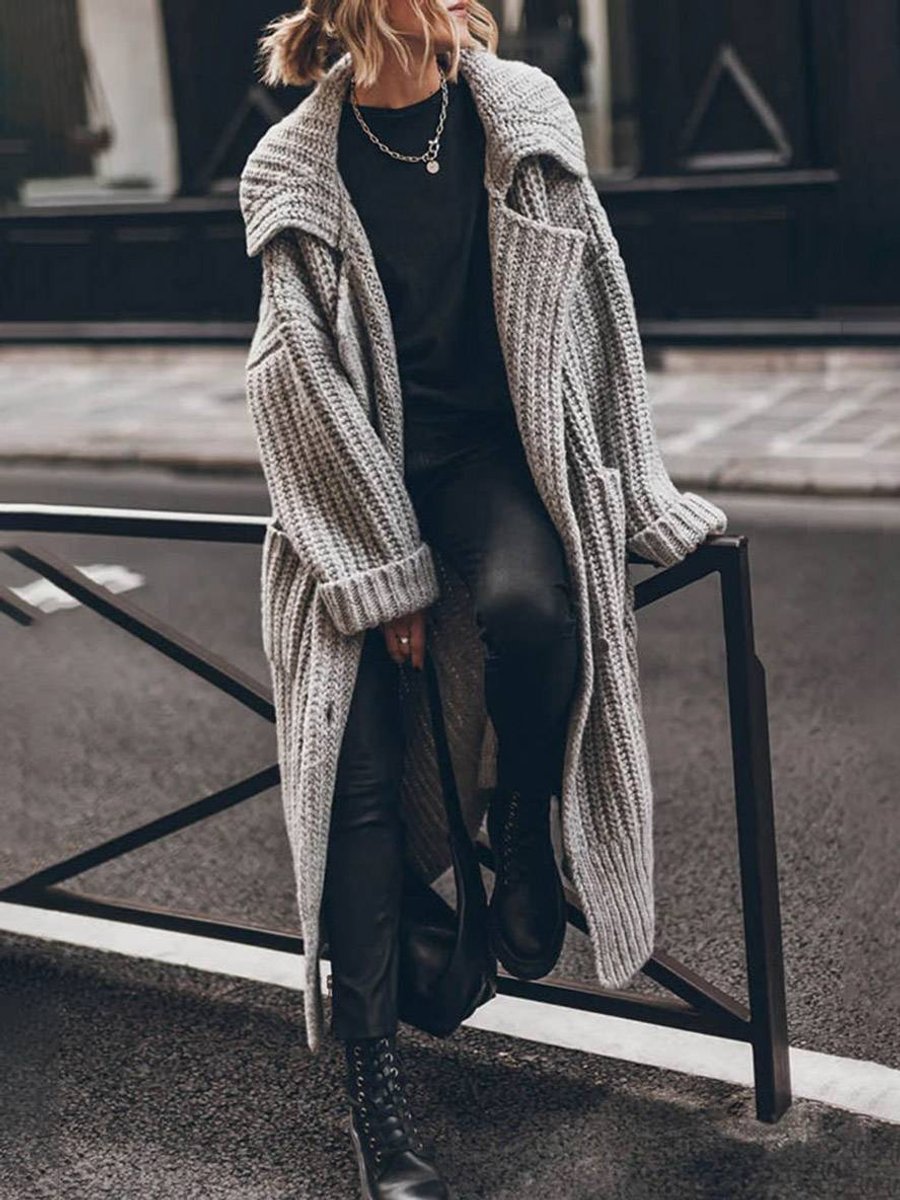 Women's Chunky Longline Cardigan – Oversized Lapel Button Cardigan