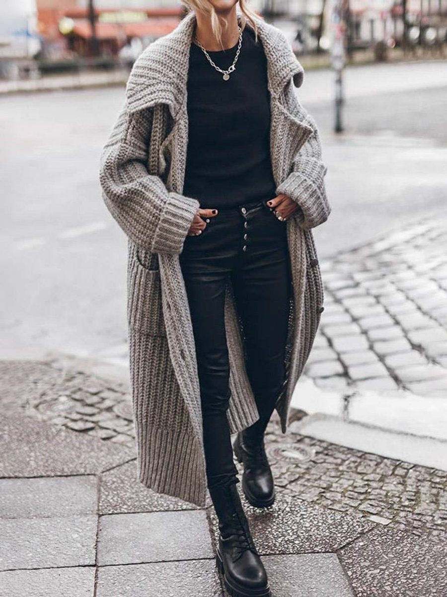 Women's Chunky Longline Cardigan – Oversized Lapel Button Cardigan