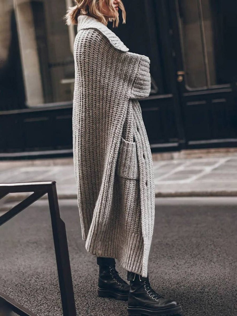 Women's Chunky Longline Cardigan – Oversized Lapel Button Cardigan