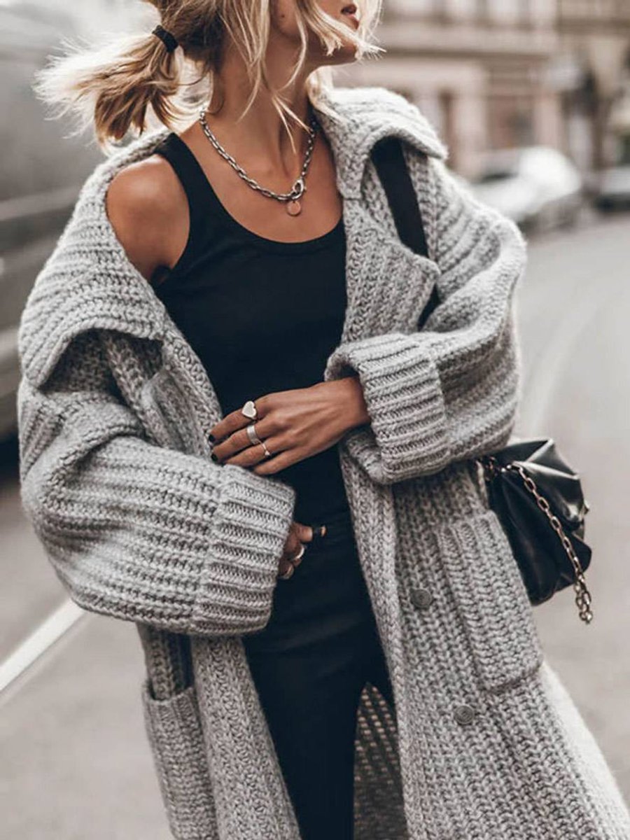 Women's Chunky Longline Cardigan – Oversized Lapel Button Cardigan