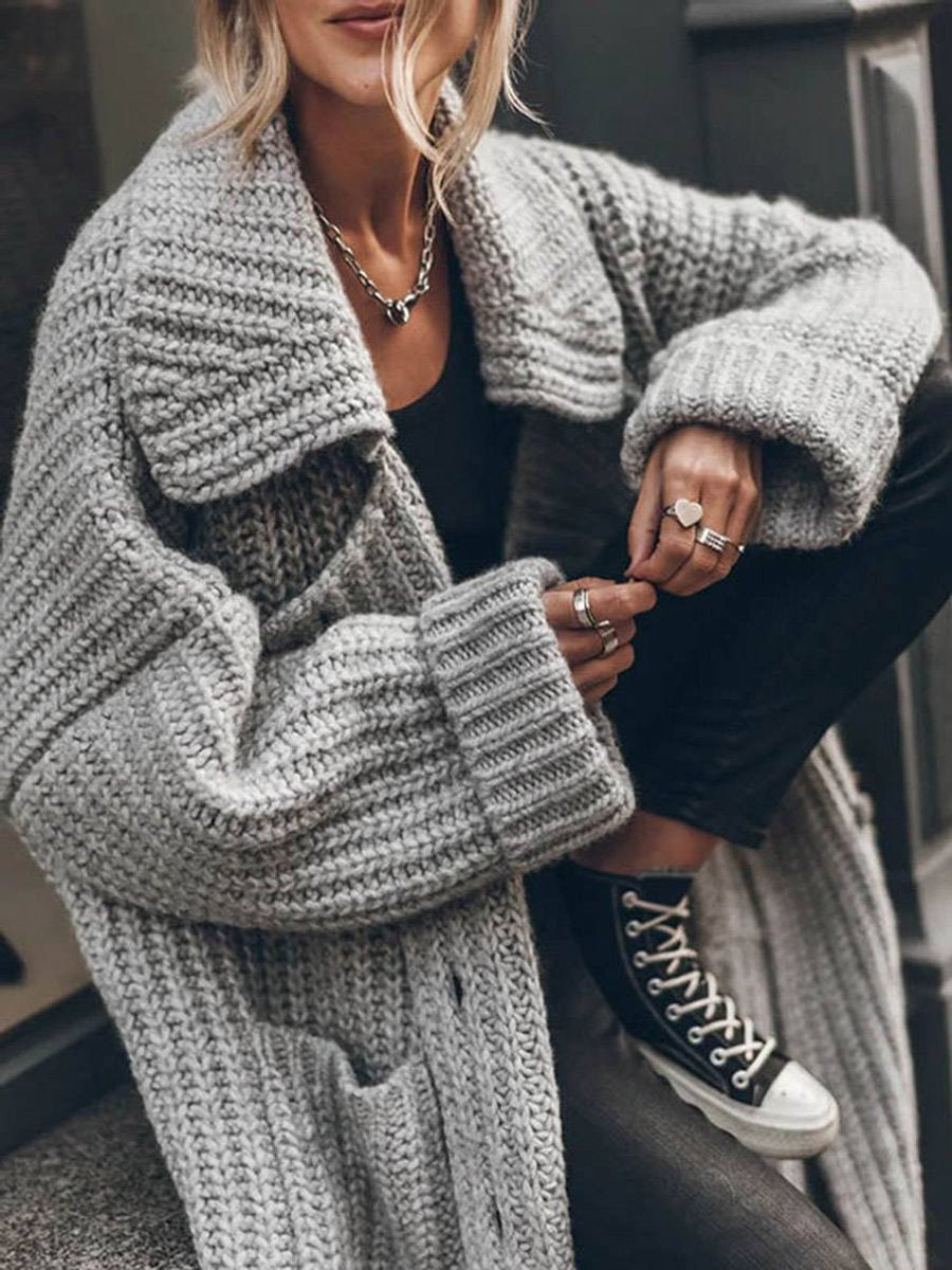 Women's Chunky Longline Cardigan – Oversized Lapel Button Cardigan