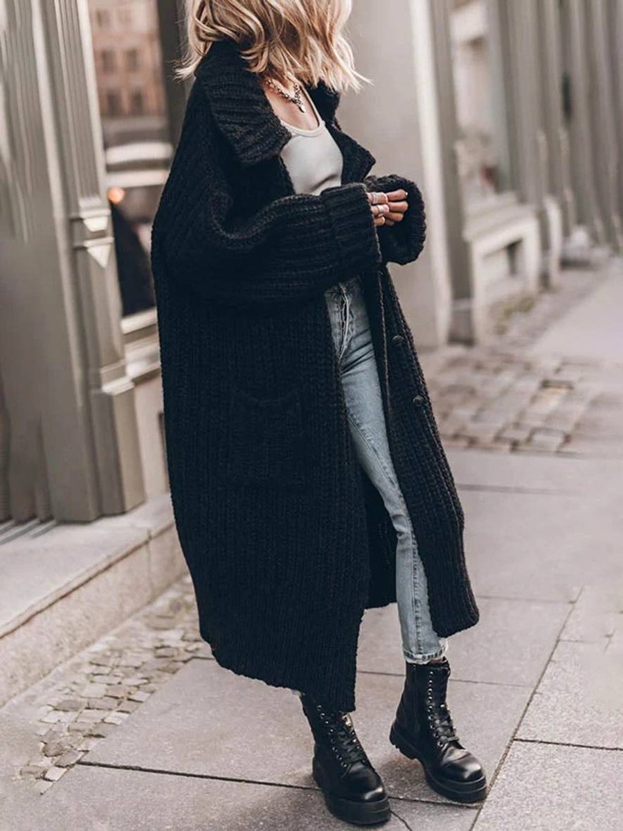 Women's Chunky Longline Cardigan – Oversized Lapel Button Cardigan