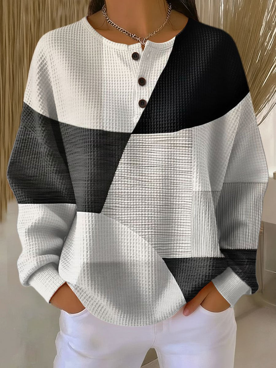 Women's Colour Block Henley Sweater – Waffle Knit Relaxed Pullover
