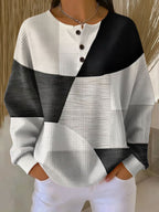 Women's Colour Block Henley Sweater – Waffle Knit Relaxed Pullover