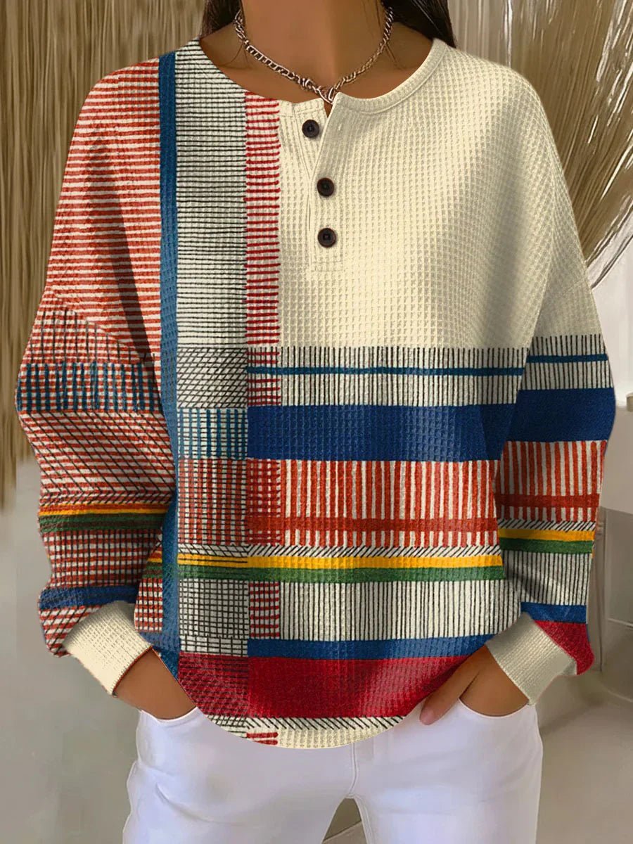 Women's Colour Block Henley Sweater – Waffle Knit Relaxed Pullover