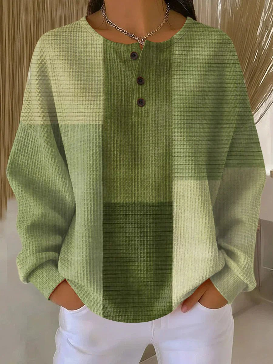Women's Colour Block Henley Sweater – Waffle Knit Relaxed Pullover
