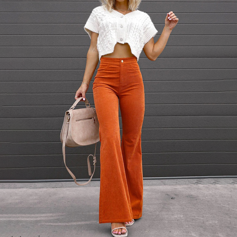 Women's Retro High Waist Flared Pants – Button Front Pocket Trousers