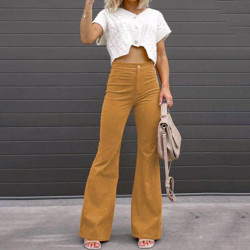 Women's Retro High Waist Flared Pants – Button Front Pocket Trousers
