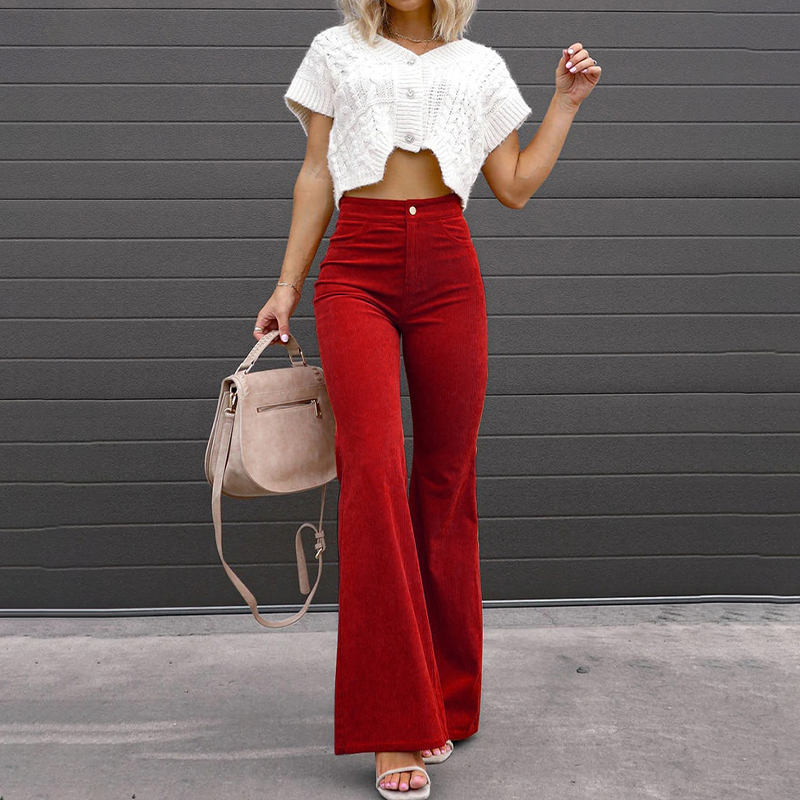 Women's Retro High Waist Flared Pants – Button Front Pocket Trousers