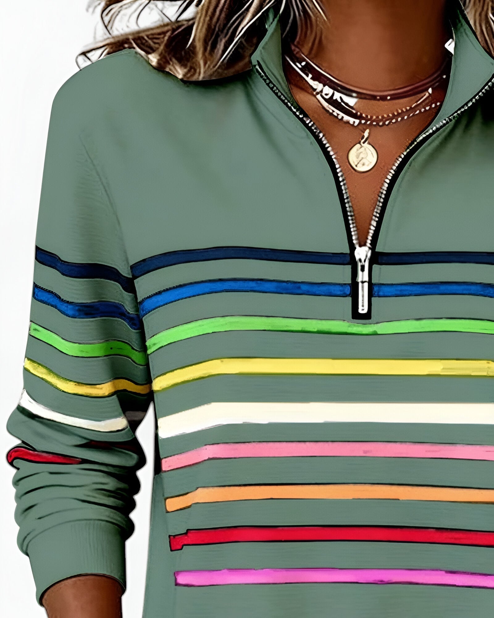 Women's Striped Zip Sweater – High Neck Zip Front Pullover